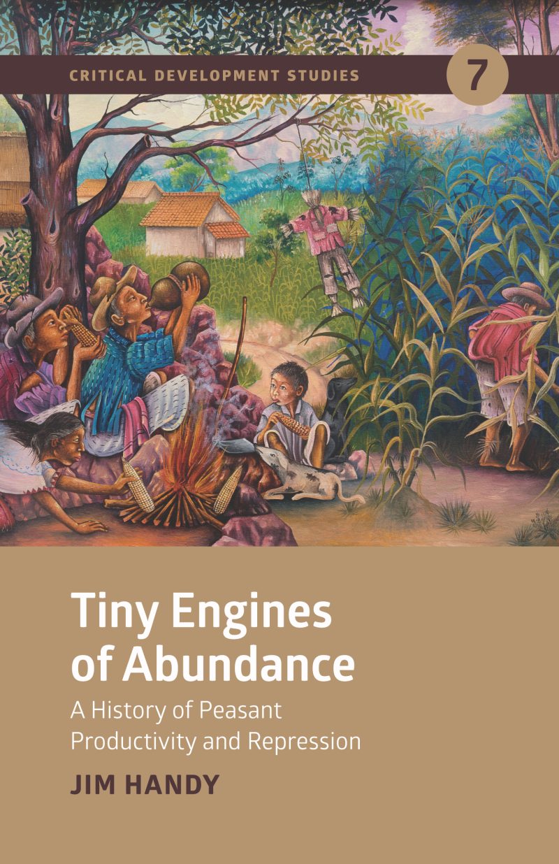 Book cover showing "Tiny Engines of Abundance" by Jim Handy, depicting peasants working in agricultural fields with crops and traditional buildings.