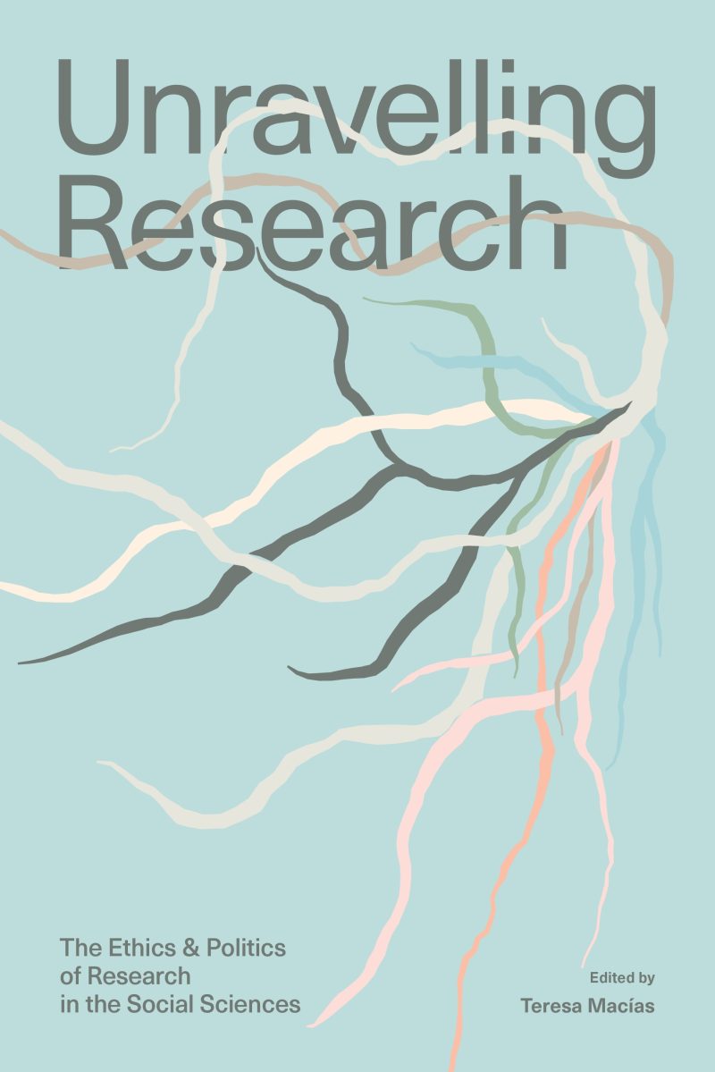 Book cover for "Unravelling Research" edited by Teresa Macias, featuring abstract neural pathways on a light blue background.
