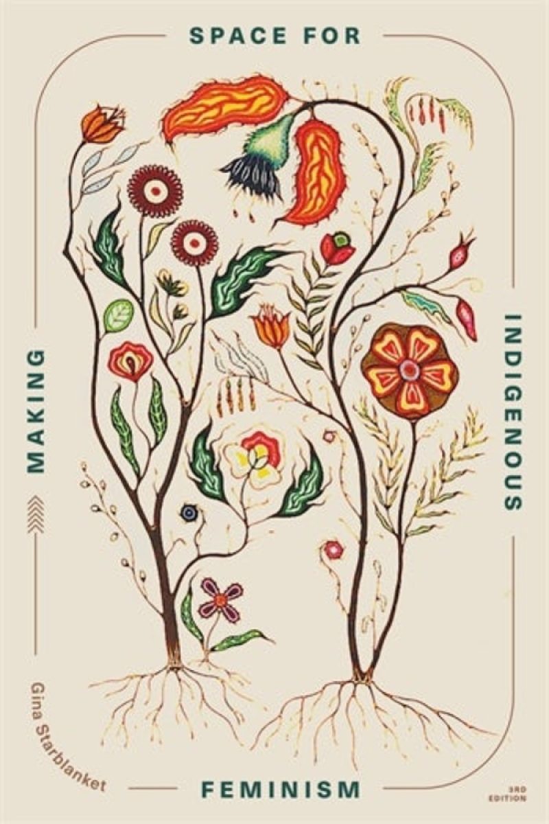 Illustration of two plant-like figures with flowers and roots, labeled with text about feminism, indigenous knowledge, and making space for growth.
