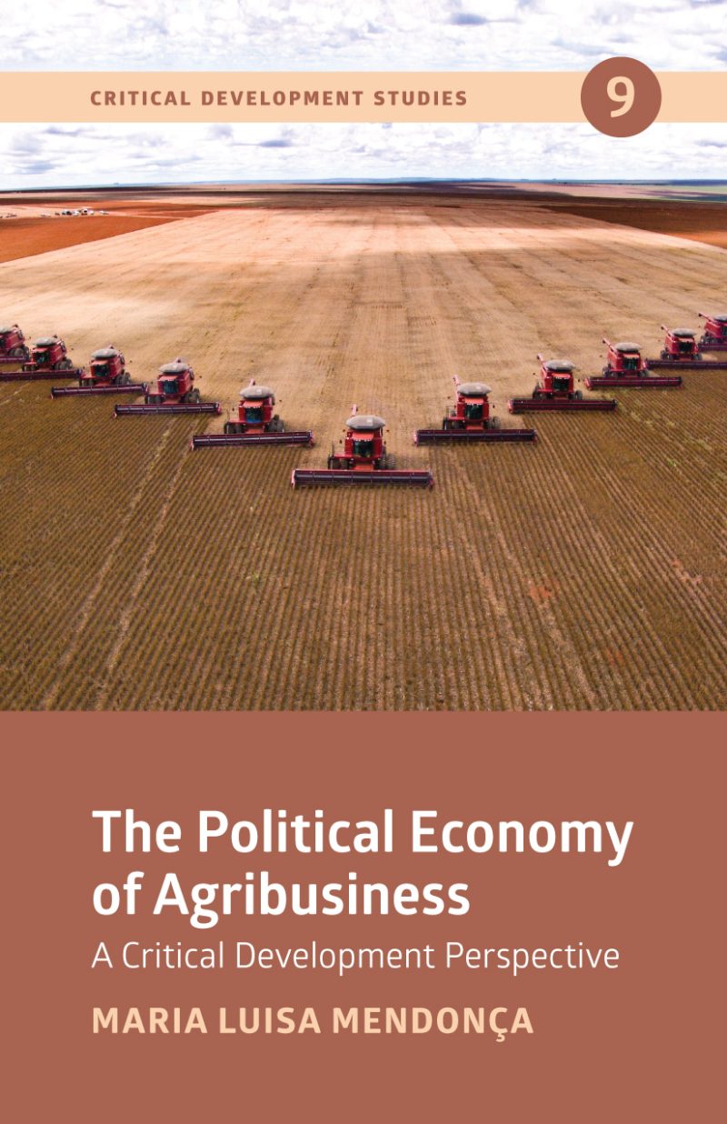Book cover showing aerial view of red combines harvesting a large agricultural field in organized rows.