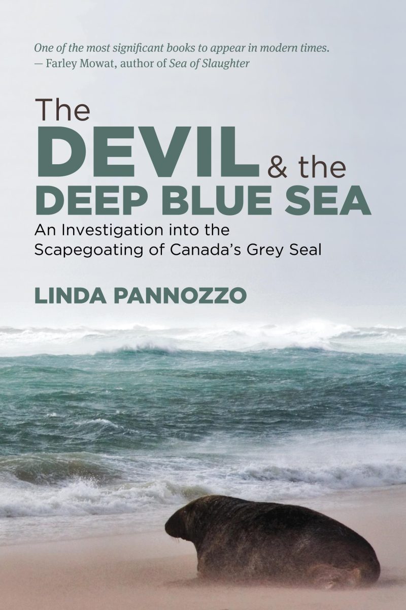 Book cover featuring a grey seal on a beach with waves, titled "The Devil & the Deep Blue Sea" by Linda Pannozzo.