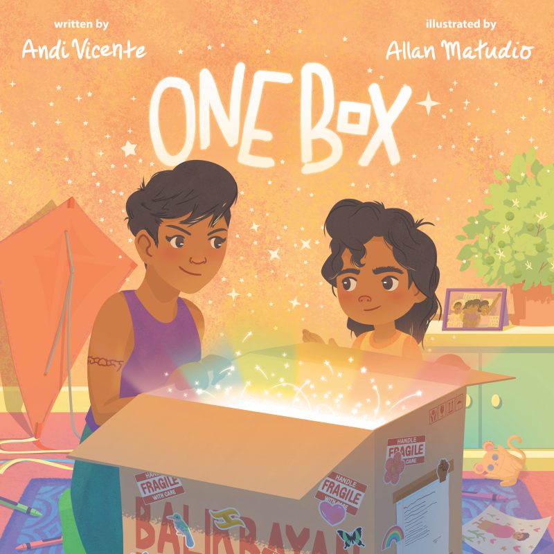 Two children lean over a glowing box with "FRAGILE" labels in a colorful room, illustrated in warm tones.