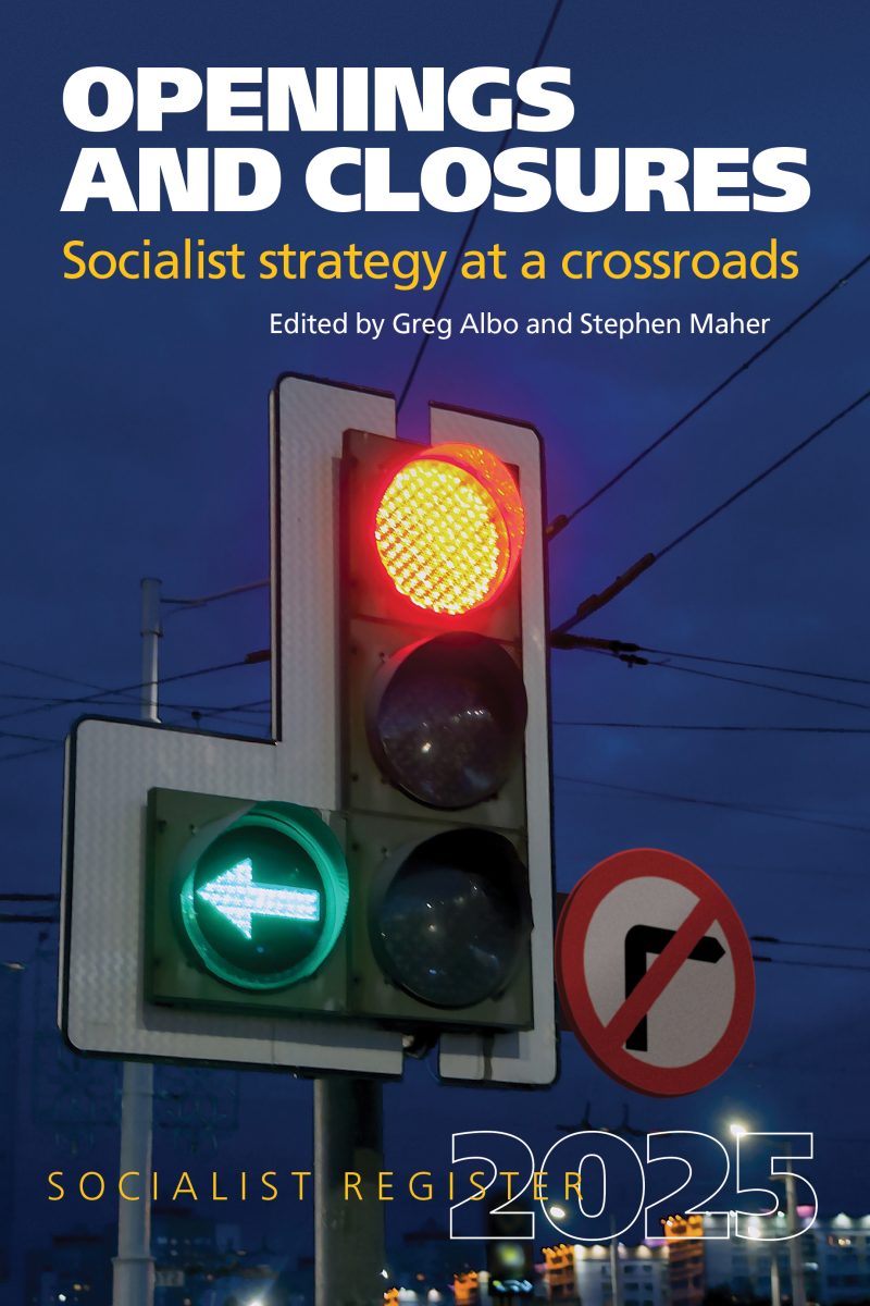 Traffic light showing red stop signal and green arrow, symbolizing strategic choices. Book cover for "Openings and Closures: Socialist strategy at a crossroads."