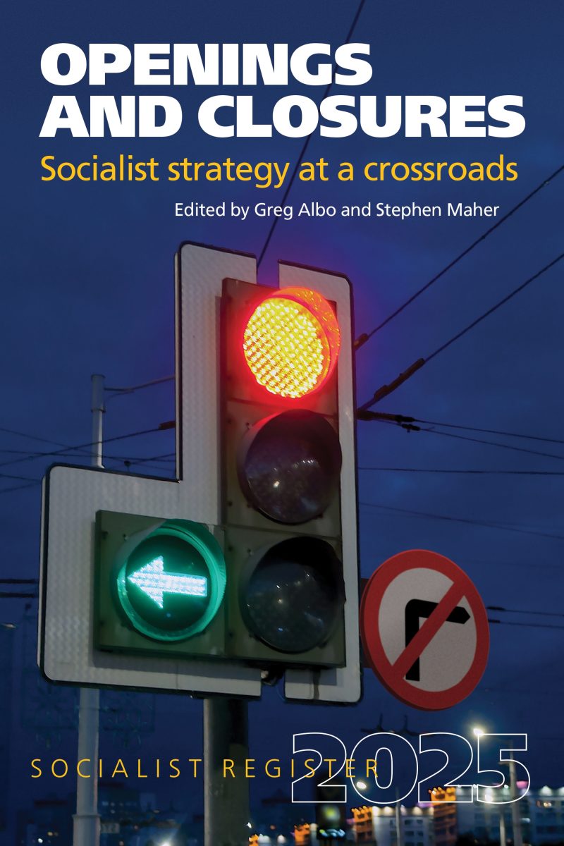 Traffic light at dusk showing red and green signals with book cover for "Openings and Closures: Socialist strategy at a crossroads"