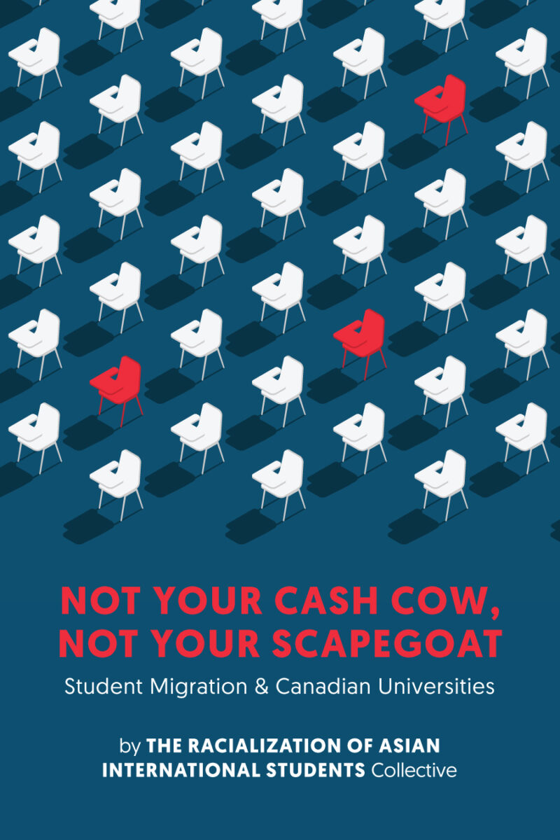 Isometric illustration of white chairs with three red chairs highlighted against a dark blue background, with text about student migration and Canadian universities.