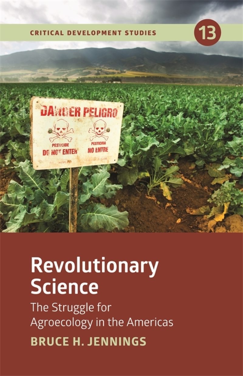Book cover showing pesticide warning sign in agricultural field with mountains in background.