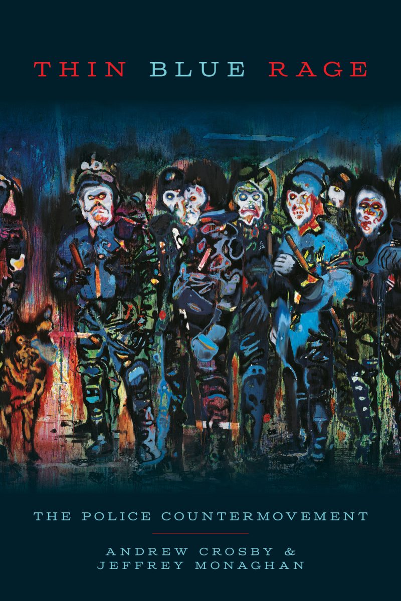 Book cover for "Thin Blue Rage" featuring illustrated figures in tactical gear against a dark background with red and blue tones.