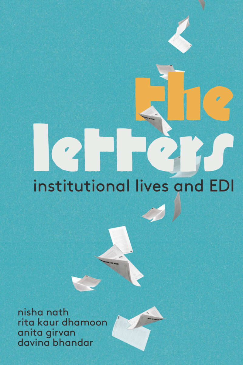 Book cover "the letters: institutional lives and EDI" with paper boat illustrations on turquoise background.