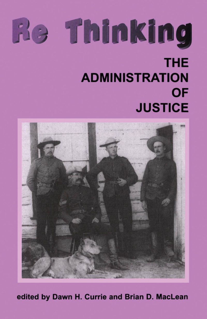 Book cover with pink background showing four people in period clothing and a dog, titled "Re Thinking The Administration of Justice"