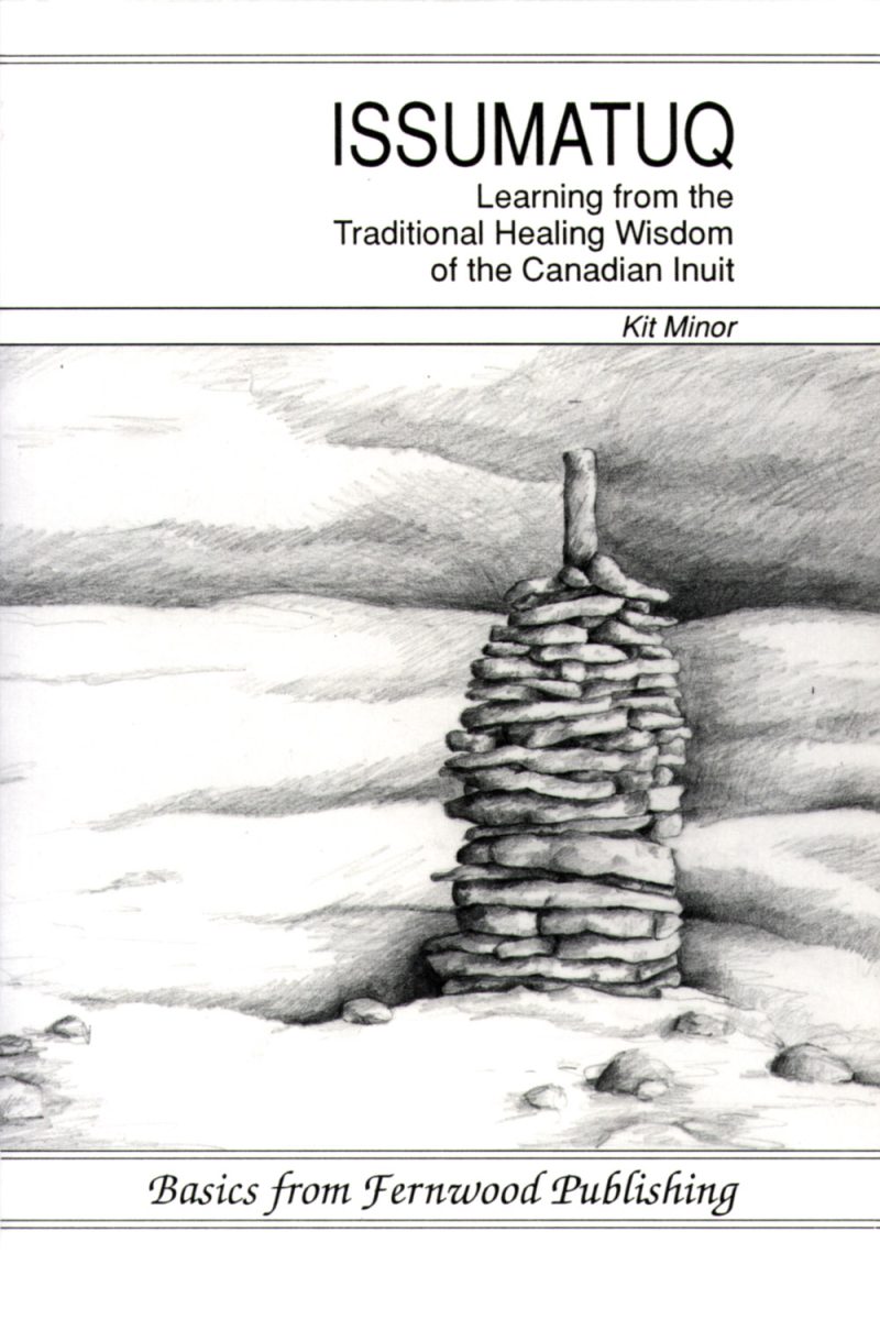 Book cover for "Issumatuq" by Kit Minor, featuring a pencil drawing of a stone cairn in a snowy Arctic landscape.