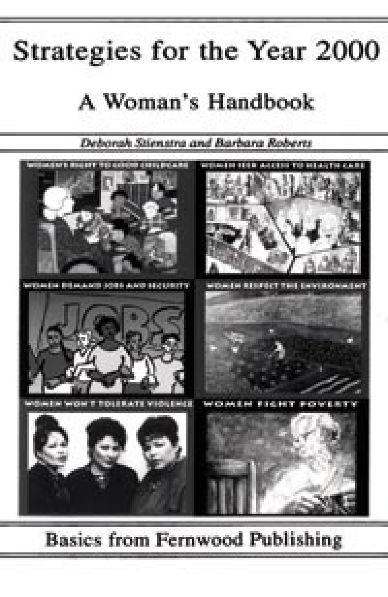 Cover of "Strategies for the Year 2000: A Woman's Handbook" showing six illustrated panels depicting healthcare, jobs, environment, violence prevention, and poverty issues.