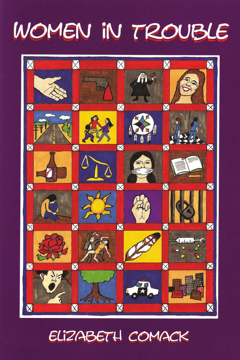 Book cover "Women in Trouble" by Elizabeth Comack featuring a grid of colorful illustrated icons representing various social issues and challenges.