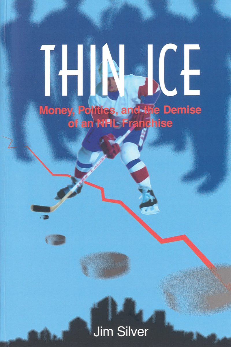 Book cover for "Thin Ice" by Jim Silver showing a hockey player with a downward trending graph and city skyline.