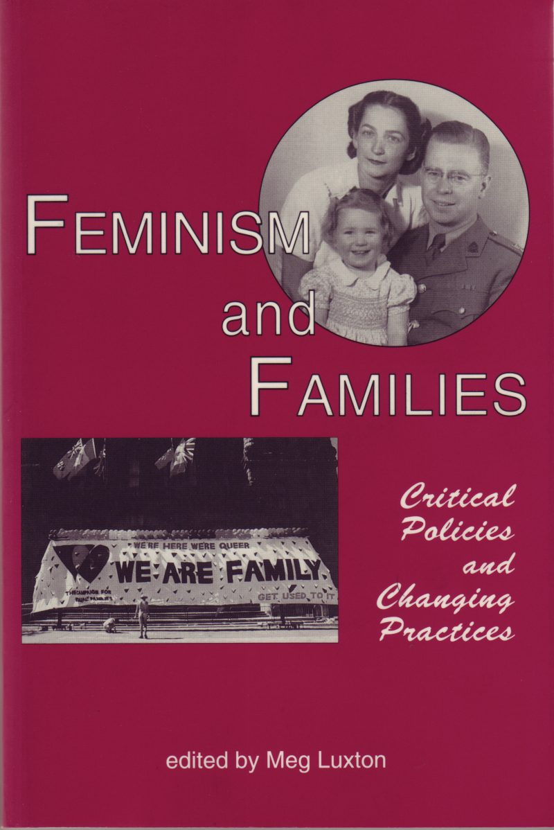 Book cover titled "Feminism and Families" with a circular vintage family portrait and a black and white photo showing a banner reading "We Are Family."