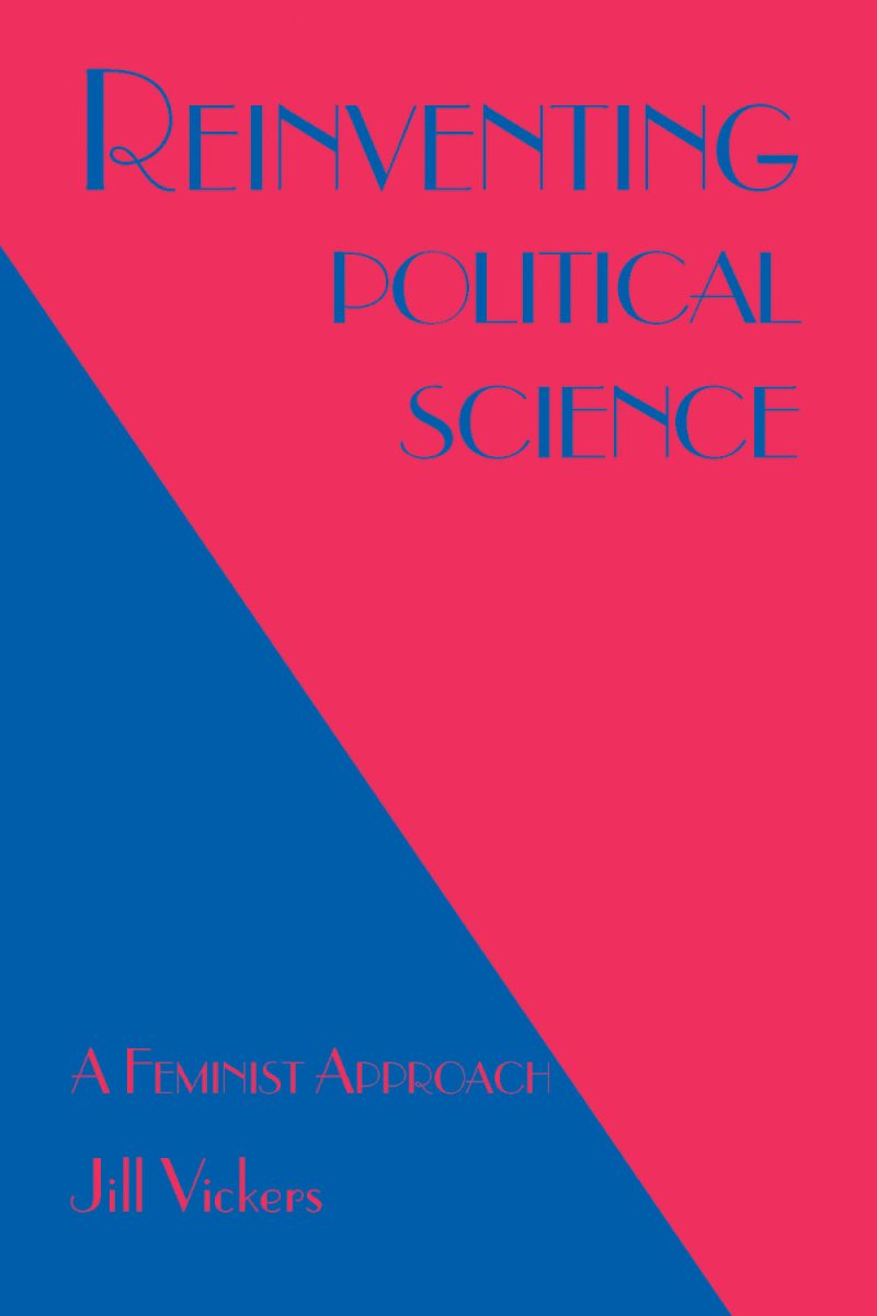Book cover for "Reinventing Political Science: A Feminist Approach" by Jill Vickers, featuring bold blue and pink geometric design.