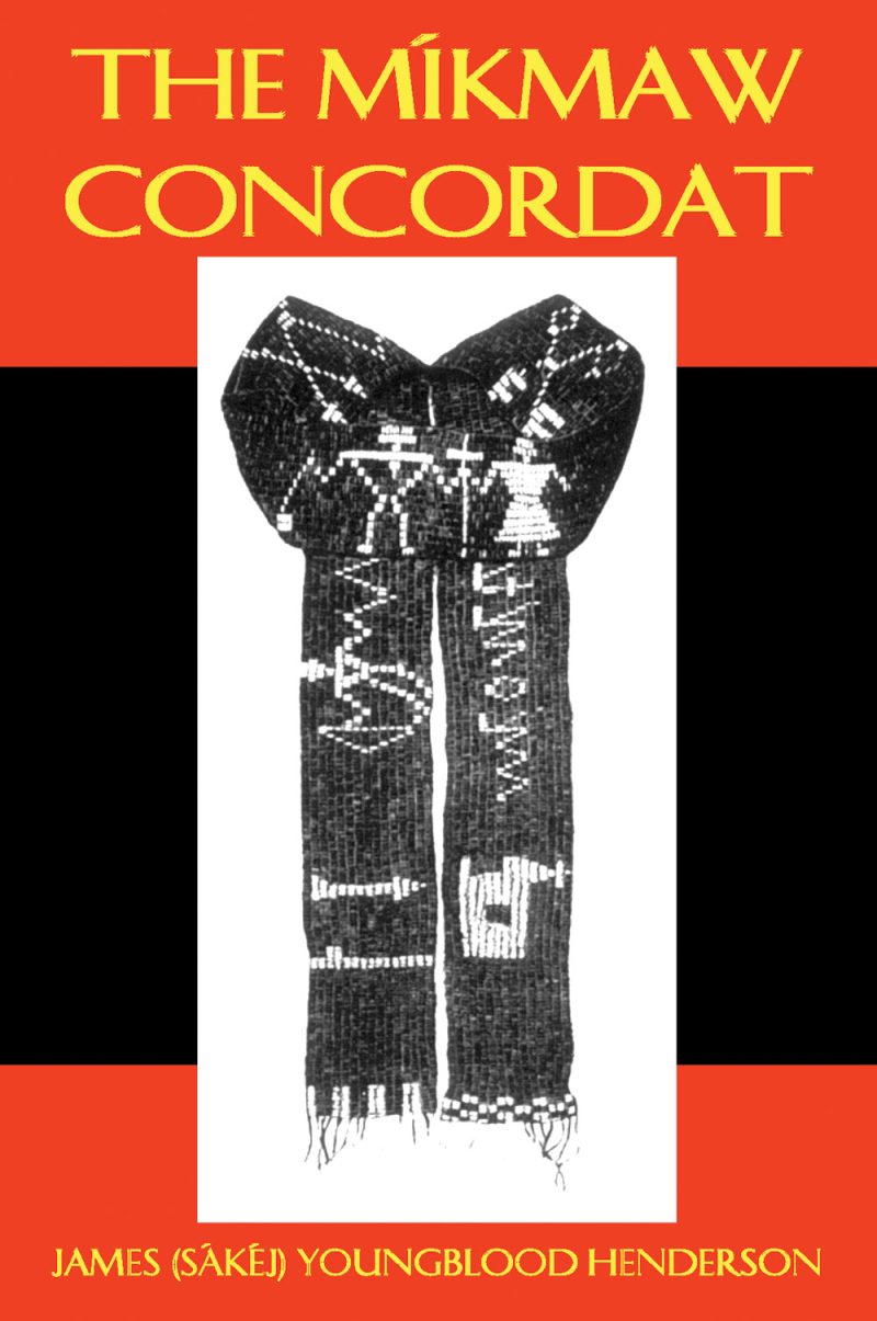 Book cover for "The Mikmaw Concordat" featuring a black and white woven textile artifact against a red and black background.
