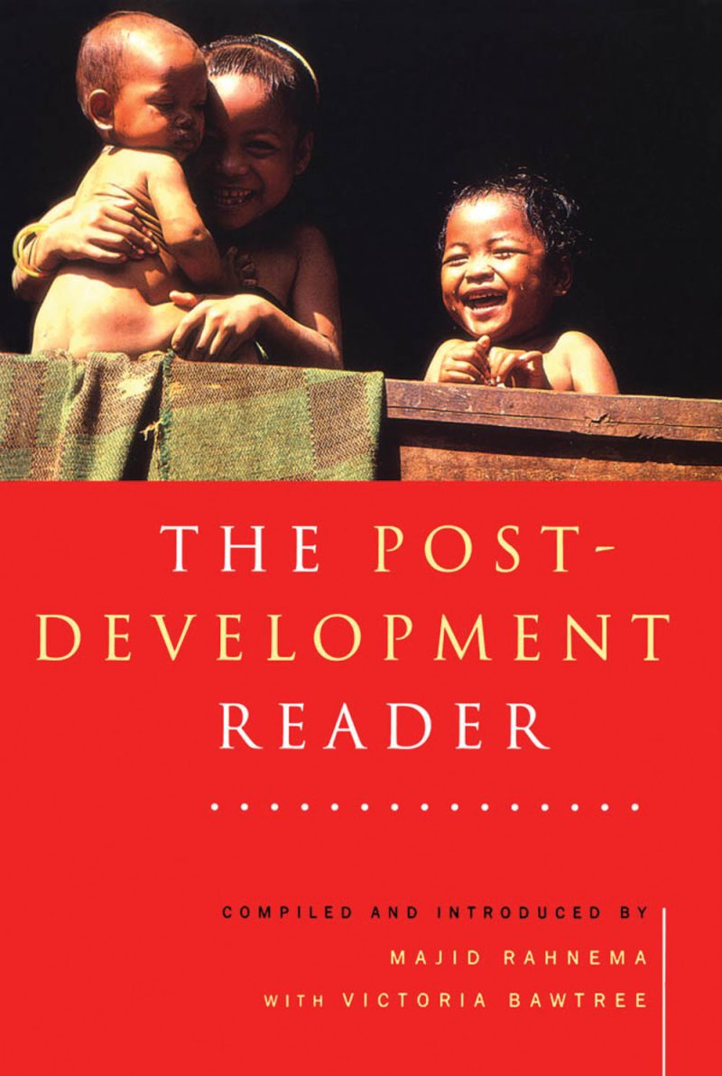 Book cover titled "The Post-Development Reader" featuring three children in warm lighting against a dark background, compiled by Majid Rahnema with Victoria Bawtree.