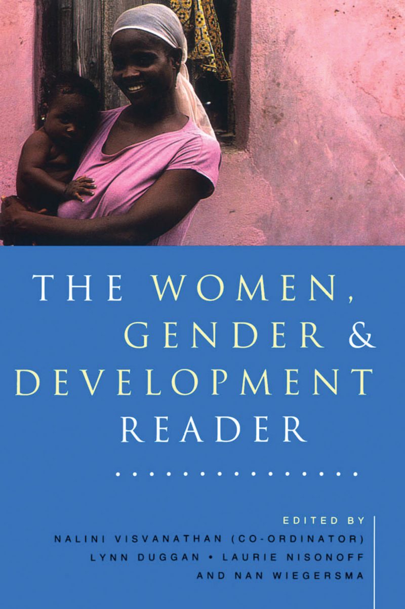 Book cover titled "The Women, Gender & Development Reader" with editors listed, featuring a person in a pink shirt holding a child against a pink wall.