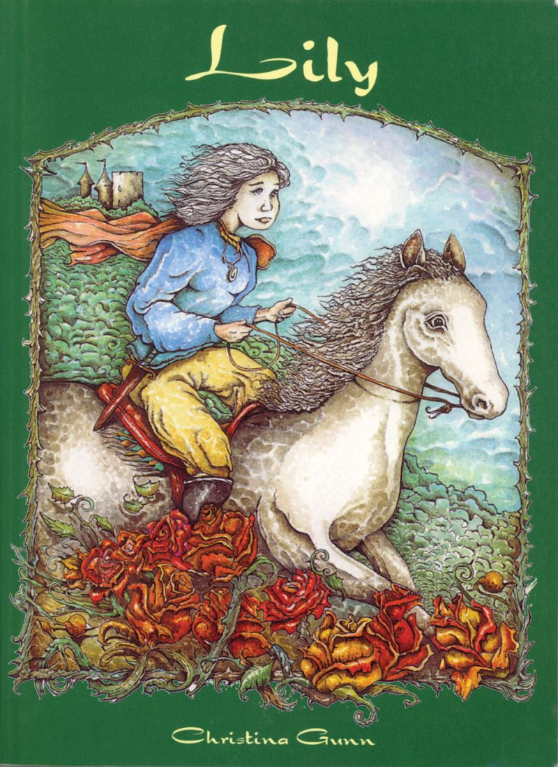 Book cover illustration of a young person riding a white horse through a field of red roses, wearing blue and yellow clothing with a red scarf flying behind them.