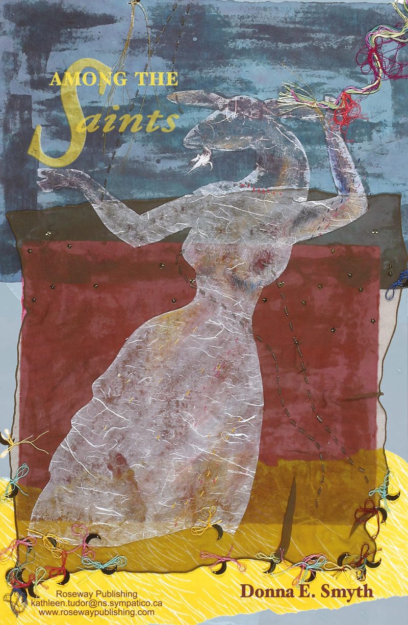 Book cover for "Among the Saints" by Donna E. Smyth featuring an abstract figure against blue, red, and yellow sections with decorative elements.