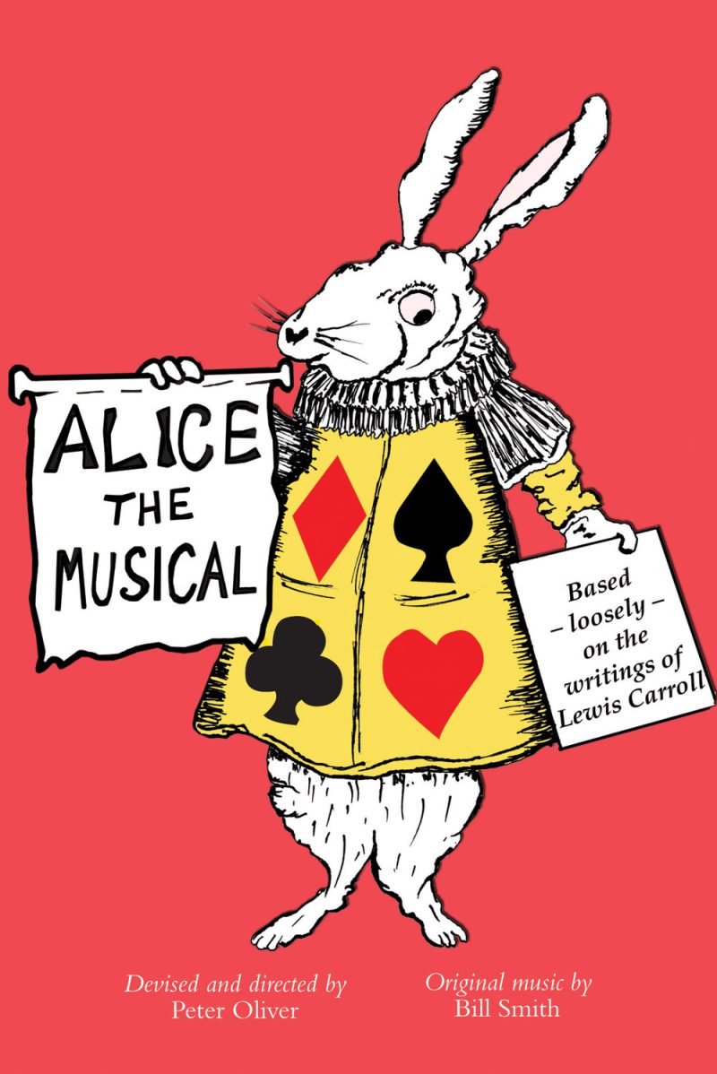 White rabbit holding a banner reading "ALICE THE MUSICAL" wearing a yellow playing card suit jacket against a red background.