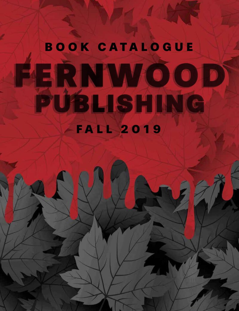 Fernwood Publishing Fall 2019 book catalogue cover with red background and black silhouetted autumn leaves.