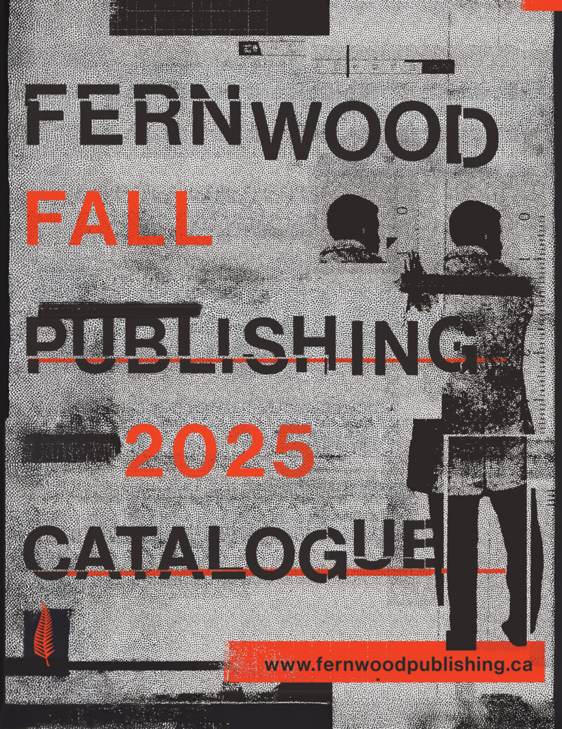 Fernwood Fall Publishing 2025 Catalogue cover featuring a silhouetted person holding books against a textured gray background with red text accents.