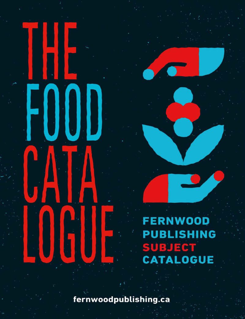 Fernwood Publishing subject catalogue cover featuring red and cyan geometric design with stylized hands and plant motif on dark blue background.