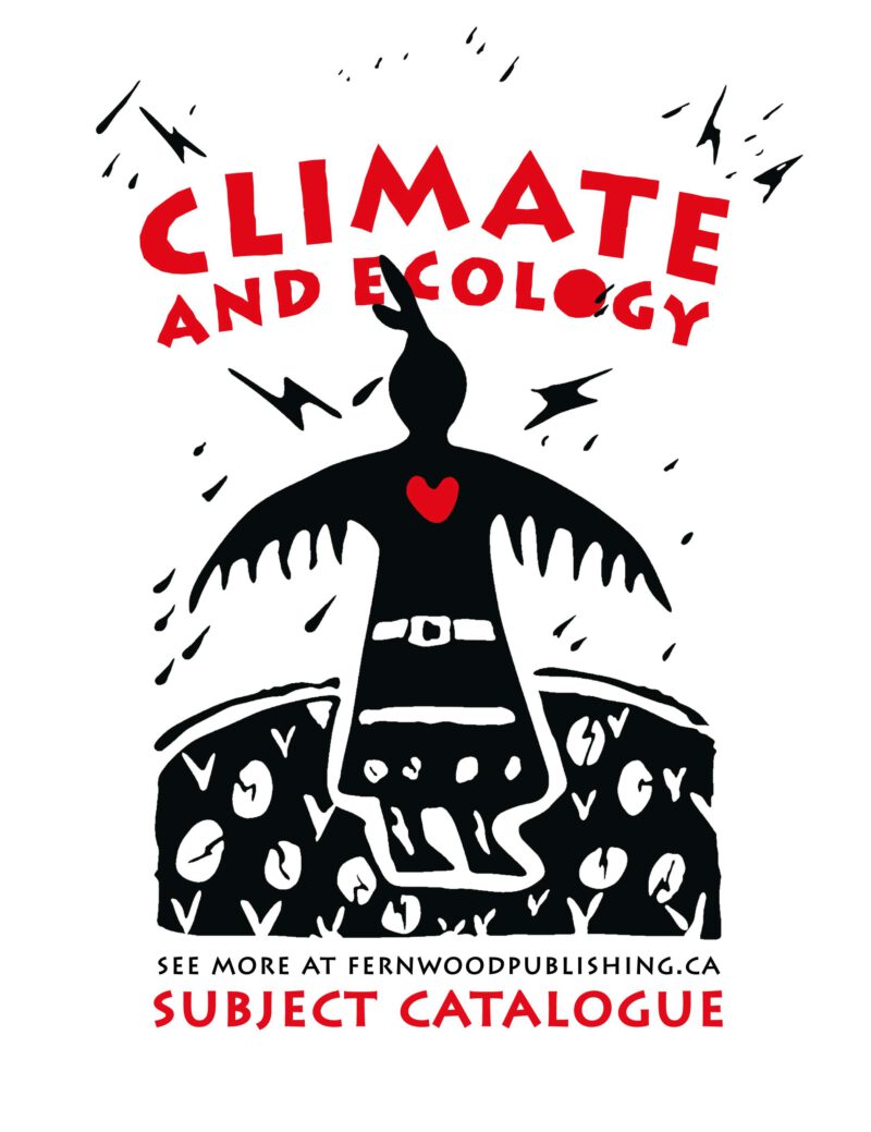 Black silhouette figure with wings and heart, surrounded by plants and lightning bolts, with "Climate and Ecology" text in red above.