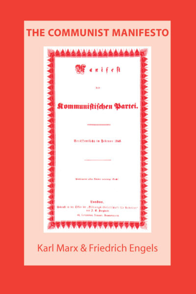 Cover of The Communist Manifesto by Karl Marx and Friedrich Engels, featuring the original German title page with red decorative border.