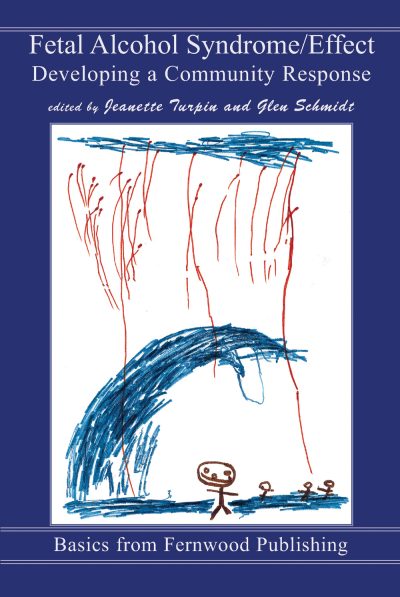 Book cover for "Fetal Alcohol Syndrome/Effect: Developing a Community Response" featuring a child's drawing with blue and red crayon marks.