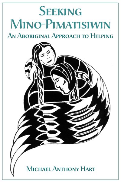 Book cover featuring two Indigenous people with braided hair, illustrated in black and white with feather motifs.