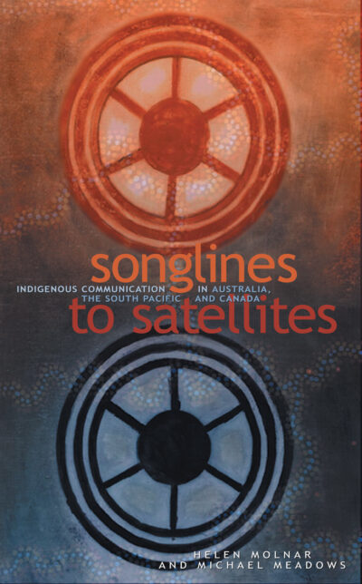 Book cover featuring two circular satellite dish designs in orange and blue against a textured background, with title "Sometimes to Satellites" and authors Helen Molnar and Michael Meadows.