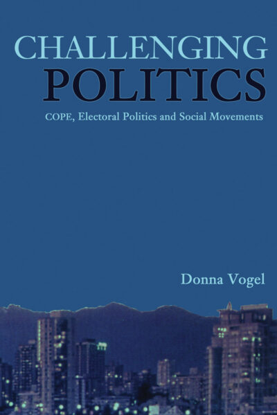 Book cover for "Challenging Politics" by Donna Vogel, featuring a blue gradient background and cityscape silhouette at dusk.