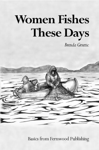Black and white book cover illustration showing two people in a small boat hauling in a fishing net on calm water, with mountains in the background.