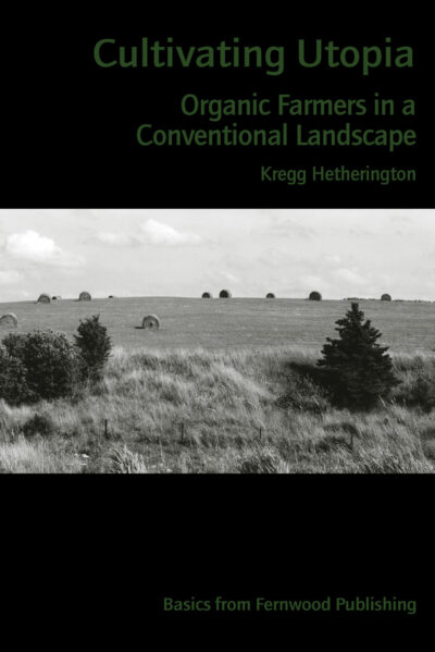 Book cover showing rural farmland with hay bales and trees under cloudy sky in black and white.