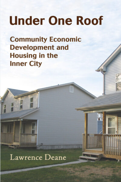 Book cover showing two light blue houses with porches and green lawn, titled "Under One Roof" by Lawrence Deane.