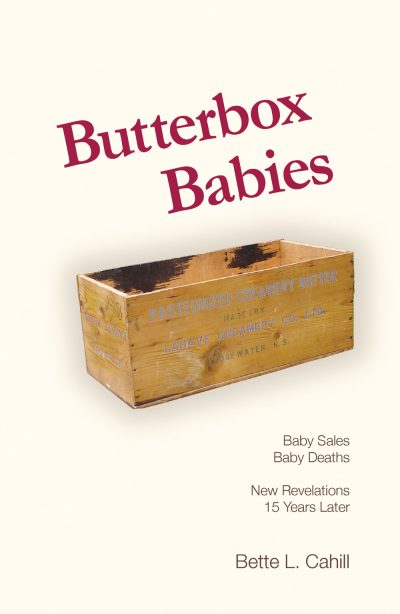 Book cover for "Butterbox Babies" by Bette L. Cahill featuring a wooden crate against a cream background.
