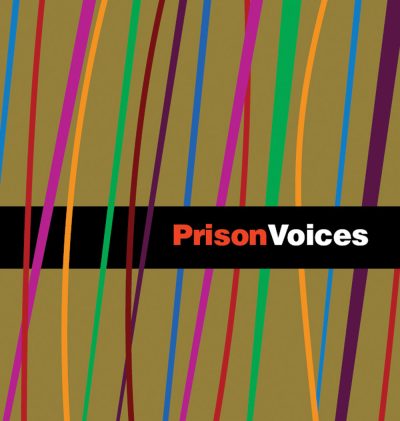 Prison Voices logo with colorful vertical stripes on olive background and black banner.