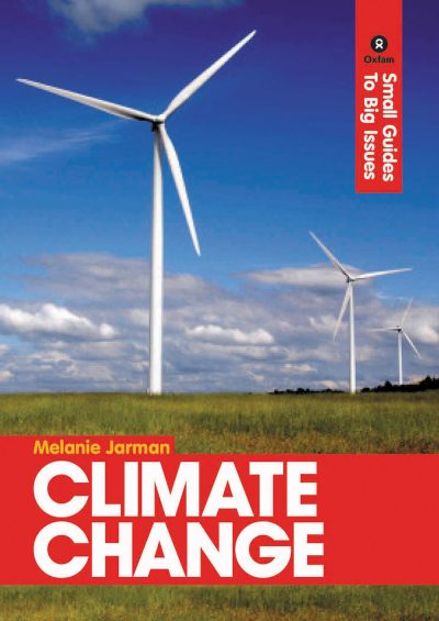 Wind turbines in a green field under a blue sky with white clouds, book cover for "Climate Change" by Melanie Jarman.