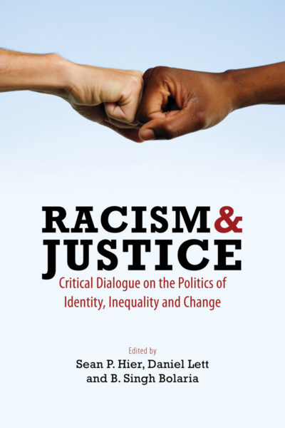 Two people with different skin tones perform a fist bump against a blue sky background, above book title "Racism & Justice: Critical Dialogue on the Politics of Identity, Inequality and Change."