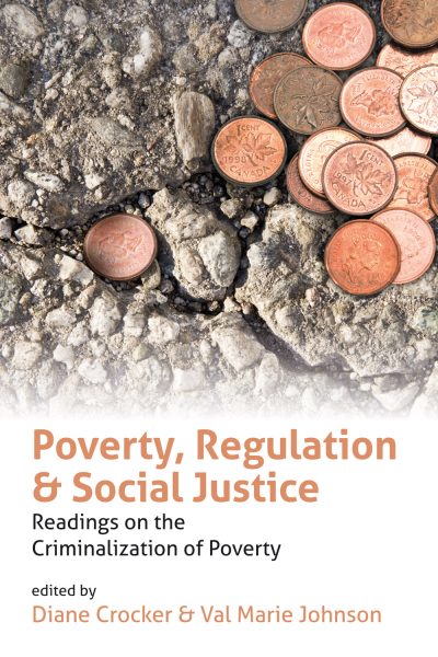 Book cover showing British pennies scattered on ash or powder, titled "Poverty, Regulation & Social Justice" edited by Diane Crocker and Val Marie Johnson.