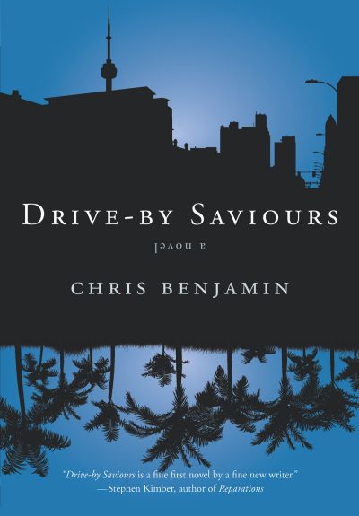 Book cover for "Drive-by Saviours" by Chris Benjamin featuring a city skyline silhouette and forest trees against a blue background.