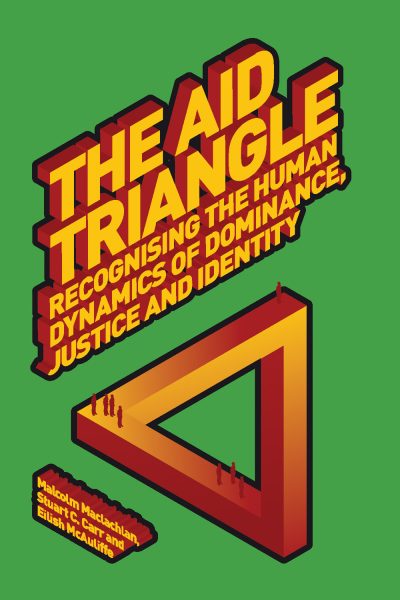 Book cover for "The Aid Triangle" featuring yellow and red 3D text on green background with a geometric triangle design.