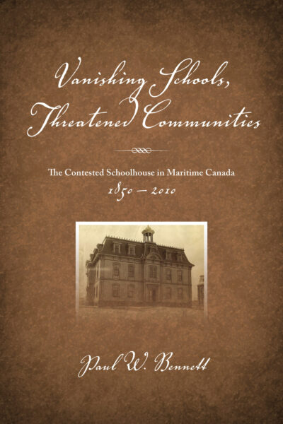Book cover with brown textured background, title in script font, and sepia-toned image of a Victorian-era schoolhouse building.
