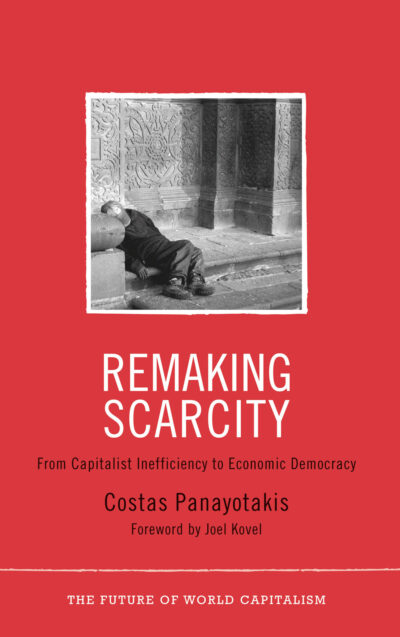 Book cover "Remaking Scarcity" by Costas Panayotakis on red background with black and white photograph of person lying on ground.