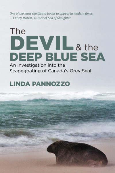 Book cover for "The Devil & the Deep Blue Sea" by Linda Pannozzo, featuring a seal on a beach with ocean waves.