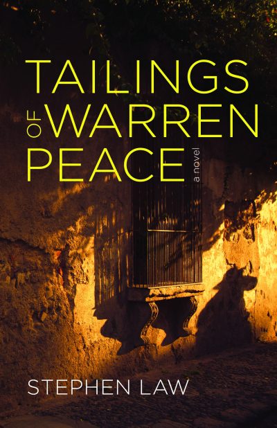 Book cover for "Tailings of Warren Peace" by Stephen Law, featuring a shadowy figure and horse in a golden-lit stone archway.