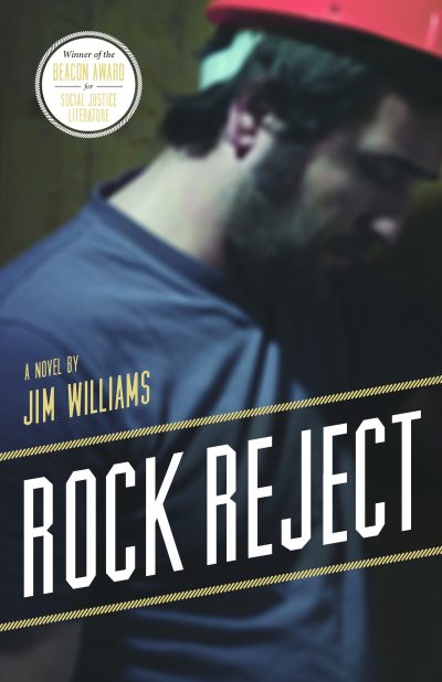 Book cover for "Rock Reject" by Jim Williams, winner of the Beacon Award for Social Justice Literature, featuring a person wearing a red cap and blue shirt.