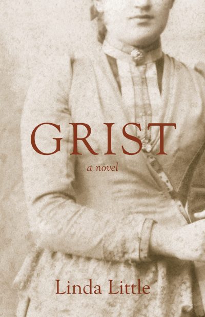Book cover for "Grist" by Linda Little featuring a sepia-toned vintage photograph of a person in early 1900s clothing.